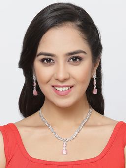ZENEME - Silver Plated Rhodium Pink American Diamond Pendant and Earring Jewellery Set