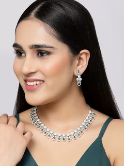 ZENEME - Silver Plated Rhodium Tone Green American Diamond Necklace with Earring