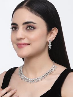 ZENEME - Silver Plated Rhodium Tone Green American Diamond Necklace with Earring