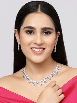 ZENEME - Silver Plated Rhodium Toned Pink American Diamond Necklace with Earring