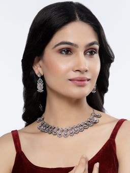 ZENEME - Rose Gold-Plated Oxidised Gunmetal Crystal Pink Ad Jewellery