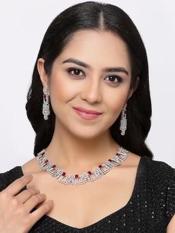 ZENEME - Rhodium Plated Silver Toned Charming Geometrical Red Ad Jewellery