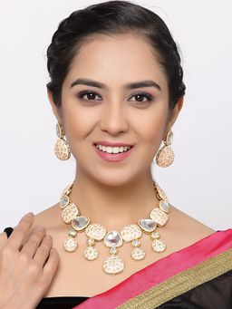 ZENEME - Gold Plated Kundan and Enamelled Bridal Necklace with Earring Jewellery