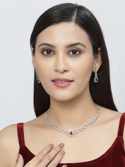 ZENEME - Rose Gold Oxidised Gun Metal Red American Diamond Necklace