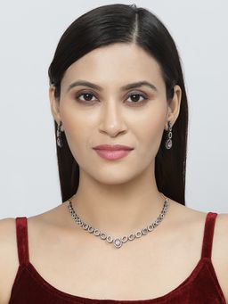 ZENEME - Rose Gold Oxidised Gun Metal Pink American Diamond Necklace