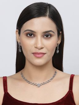 ZENEME - Rose Gold Oxidised Gun Metal White American Diamond Necklace