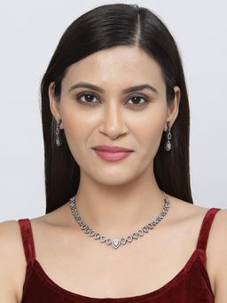 ZENEME - Rose Gold Plated Oxidised White American Diamond Spheroid Necklace Earrings for Women