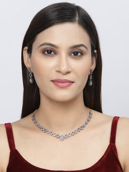 ZENEME - Rose Gold Plated Oxidised Green American Diamond Spheroid Necklace Earrings for Women