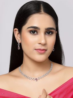 ZENEME - Rhodium Plated Silver Red American Diamond Spheroid Necklace Earrings for Women