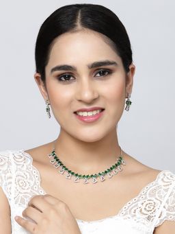 ZENEME - Silver Plated Rhodium Green Crystal American Diamond Heart Jewellery