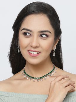 ZENEME - Rhodium Plated Silver Toned Green American Diamond Contemporary