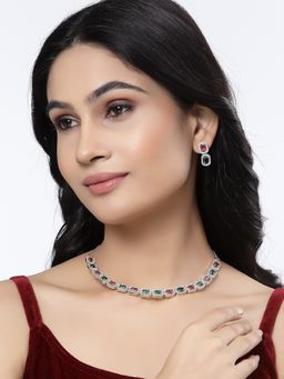 ZENEME - Silver Toned Rhodium Plated Multi-Color Ad Studded Jewellery