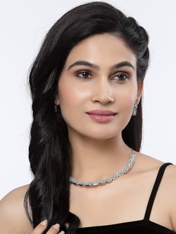 ZENEME - Silver Toned Rhodium Plated Turquoise American Diamond Studded Jewellery