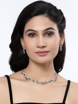 ZENEME - Silver Plated Green American Diamond Bling Necklace and Earring Jewellery