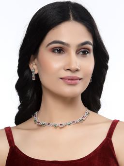 ZENEME - Silver Plated Multi-Color American Diamond Bling Necklace Jewellery