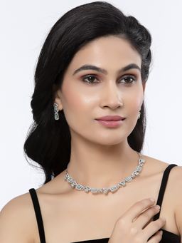ZENEME - Silver Plated Turquoise American Diamond Bling Necklace and Earring Jewellery