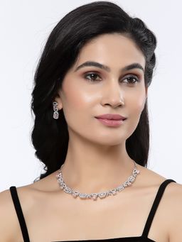 ZENEME - Silver Plated Pink American Diamond Bling Necklace and Earring Jewellery