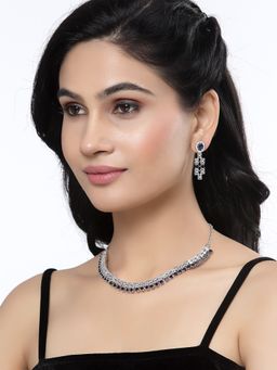 ZENEME - Silver Plated Rhodium Crystal Blue American Diamond Designer Jewellery