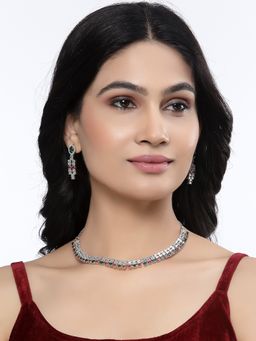 ZENEME - Silver Plated Rhodium Crystal Blue American Diamond Designer Jewellery