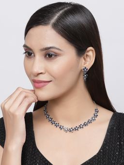 ZENEME - Rhodium Plated Silver Blue American Diamond Studded Flower Jewellery