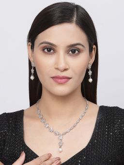 ZENEME - Oxidised Silver-Plated Pink Flower and Dual Design Necklace Jewellery