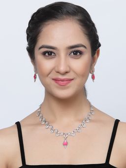 ZENEME - Silver-Plated Red Cubic Zirconia-Studded Oxidised Necklace Jewellery