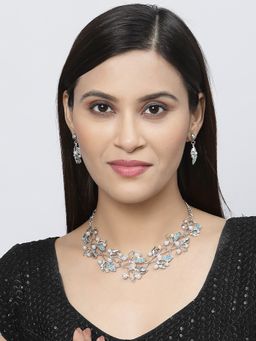 ZENEME - Silver-Plated Oxidised Pearl Blue Cz Studded Leafy Jewellery