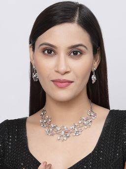 ZENEME - Silver-Plated Oxidised Pearl Red Cz Studded Leafy Jewellery