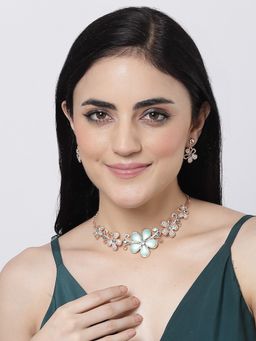 ZENEME - Rose Gold Plated Blue Cubic Zirconia Studded Floweret Jewellery