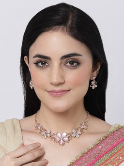ZENEME - Rose Gold Plated Pink Cubic Zirconia Studded Floweret Jewellery