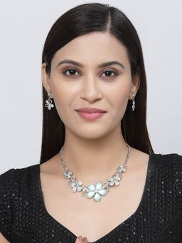 ZENEME - Antique Silver Plated Oxidised Turquoise Blue Cz Flower Jewellery