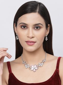 ZENEME - Antique Silver Plated Oxidised Pink Cz Flower Jewellery