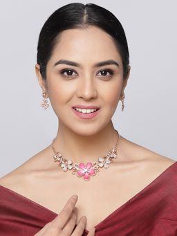 ZENEME - Rose Gold Plated Red Cubic Zirconia Studded Floweret Jewellery