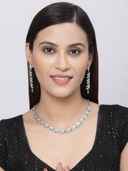 ZENEME - Silver Plated Oxidised Blue Cz White Leaf Necklace and Earrings Jewellery