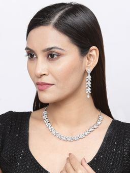 ZENEME - Silver Plated Oxidised Cz White Leaf Necklace and Earrings Jewellery