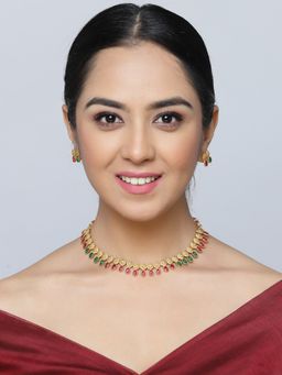 ZENEME - Gold-Plated Classic Cubic Zirconia-Studded Floral Traditional Jewellery