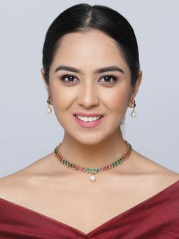 ZENEME - Gold-Plated Cz Stone -Studded Paisley Shaped Jewellery Set