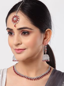 ZENEME - Silver Toned Rhodium Red Ad Bridal Necklace Maang Tikka Earring