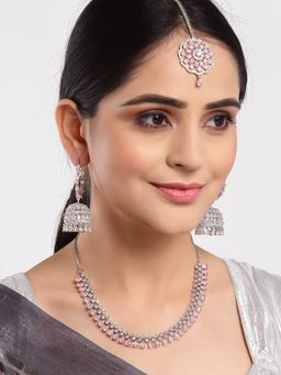ZENEME - Silver Toned Rhodium Pink Ad Bridal Necklace Maang Tikka Earring