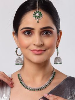 ZENEME - Silver Toned Rhodium Green Ad Bridal Necklace Maang Tikka Earring