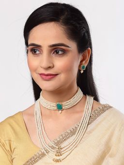 ZENEME - Gold-Plated Multi Strand Green Cz Studded Choker and Pearl Necklace