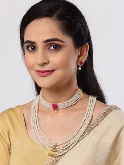 ZENEME - Gold-Plated Multi Strand Red Cz Studded Choker and Pearl Necklace