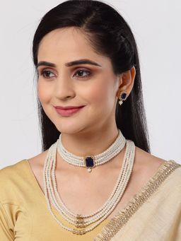 ZENEME - Gold-Plated Multi Strand Blue Cz Studded Choker and Pearl Necklace