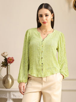 Globus - Women Green V-Neck Bishop Self Design Lace Top