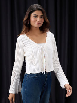 Globus - Women White Self- Design Lace Detail Tie-Up Neck Party Crop Top