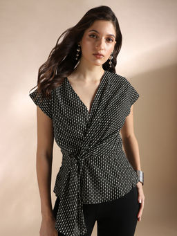 Globus - Women Black and White Wrap V-Neck Print Twisted Detail Top
