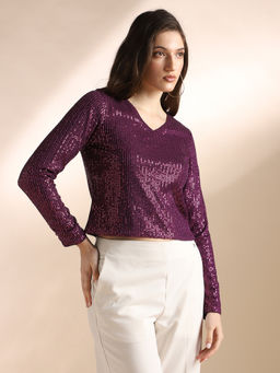 Globus - Women Purple V-Neck Sequin Embellished Party Crop Top