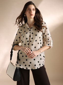 Globus - Women White Roll Up Sleeves Polka Dots Satin Workwear Top