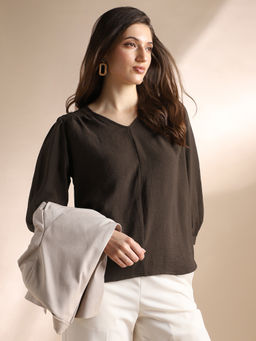 Globus - Women Brown Solid V-Neck Gathered Detail Workwear Top