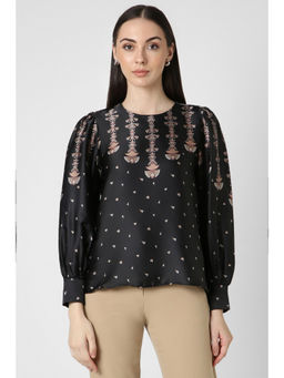 Van Heusen - Women Black Print Casual Round Neck Top